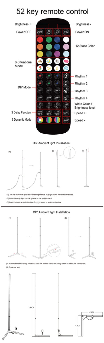 Living Room Dimmable Corner Floor Lamp 140cm WIFI/Bluetooth Smart RGB LED Mood Light Bedroom Nordic Home Decor lighting